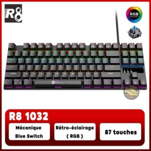 R8 Clavier Mécanique Gaming 1032 - Switch Bleu, Mini Format Professionnel, 87 touches, rétro-éclairage RGB Gamer